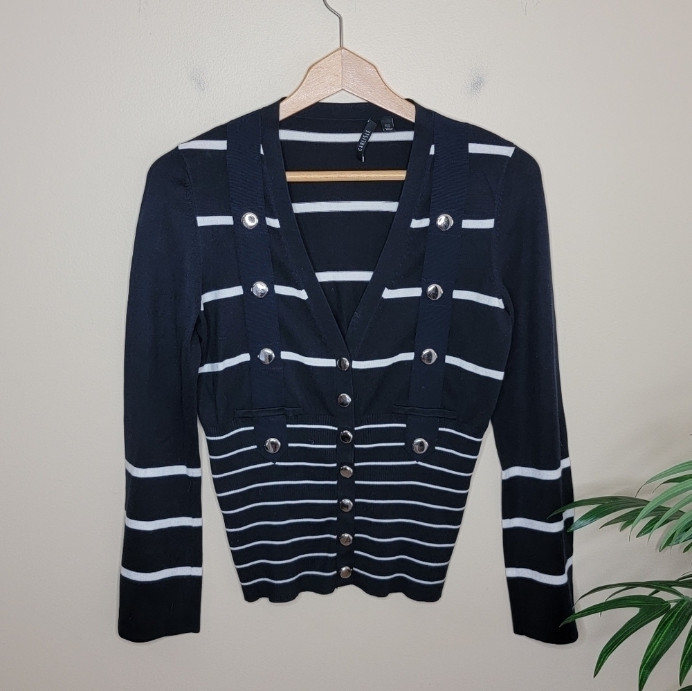 Carlisle Black & White Striped Silk Blend Snap Front Cardigan Sweater